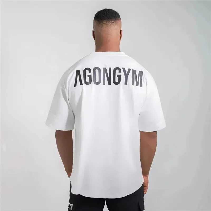 Gym fitness Agongym Health oversized loose T-shirt cotton mens muscle short sleeve gym mens running sports T-shirt short sleeveT250319
