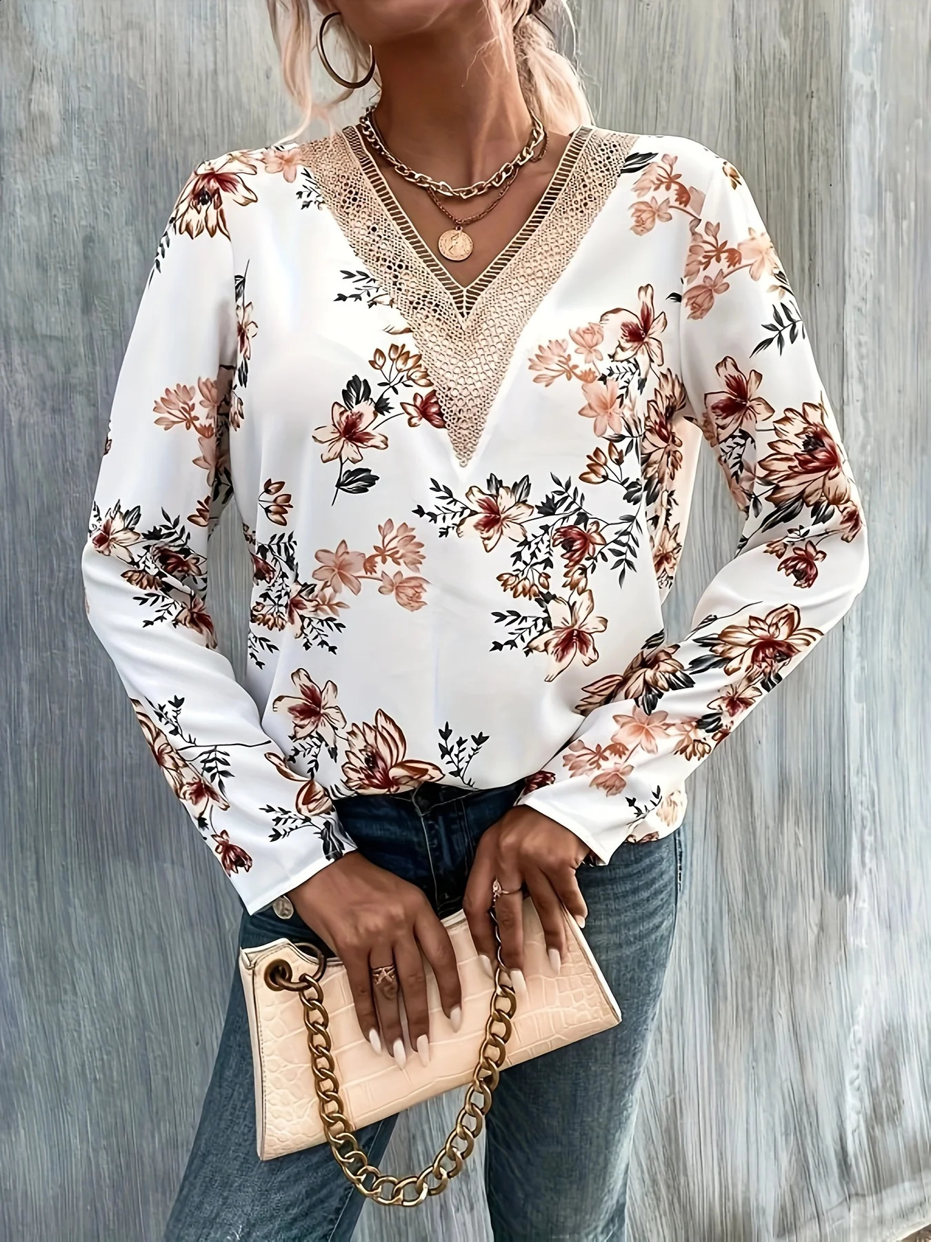 Spring and summer womens lace Vneck long sleeved printed shirt fashionable n showcasing French elegance charm 250319