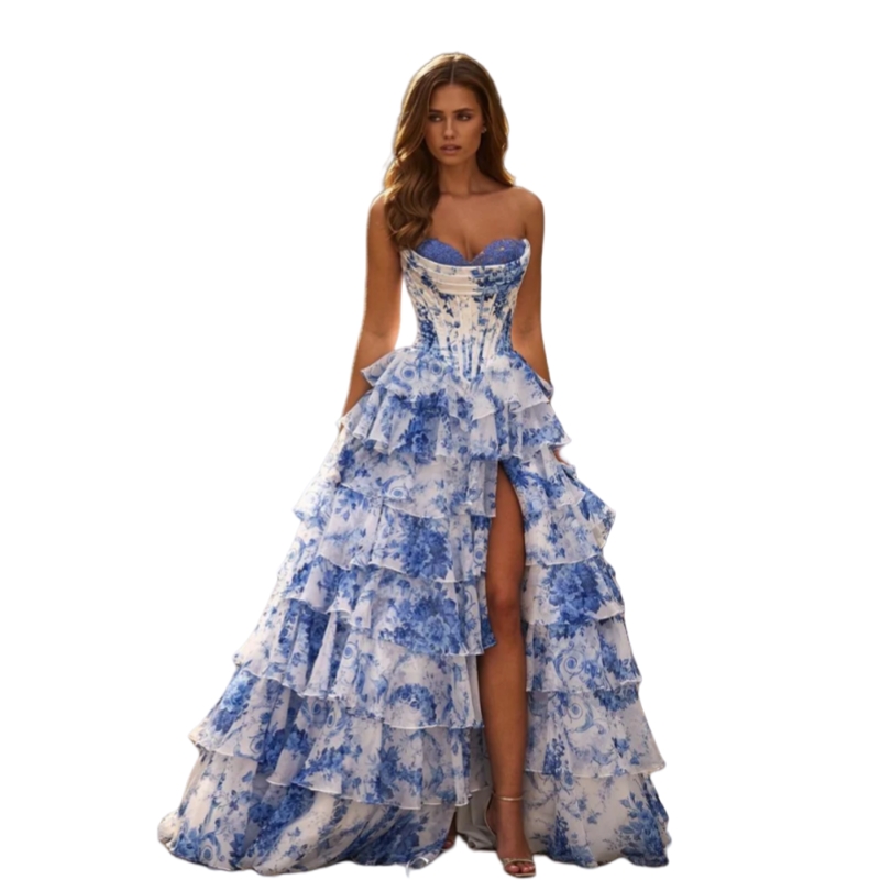 Ruffles Floral Print Chiffon Prom Dresses High Slit Sweetheart Sleeveless A-Line Tiered Long Blue Evening Gown Appliques Corset Lace-Up Boutique Birth