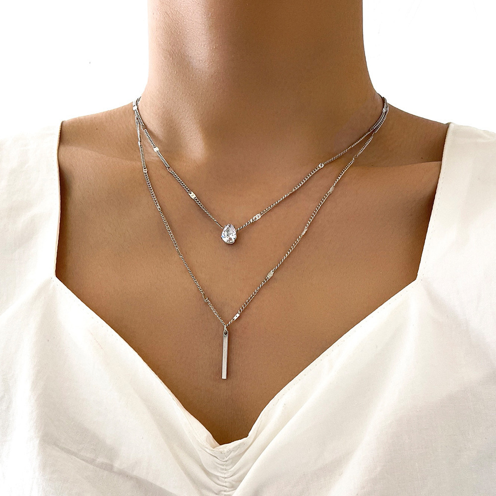Stunning Double Layer Droplet Pendant Necklace with Long Stick Pendant Versatile Womens Layered Style Jewelry for a Chic Look