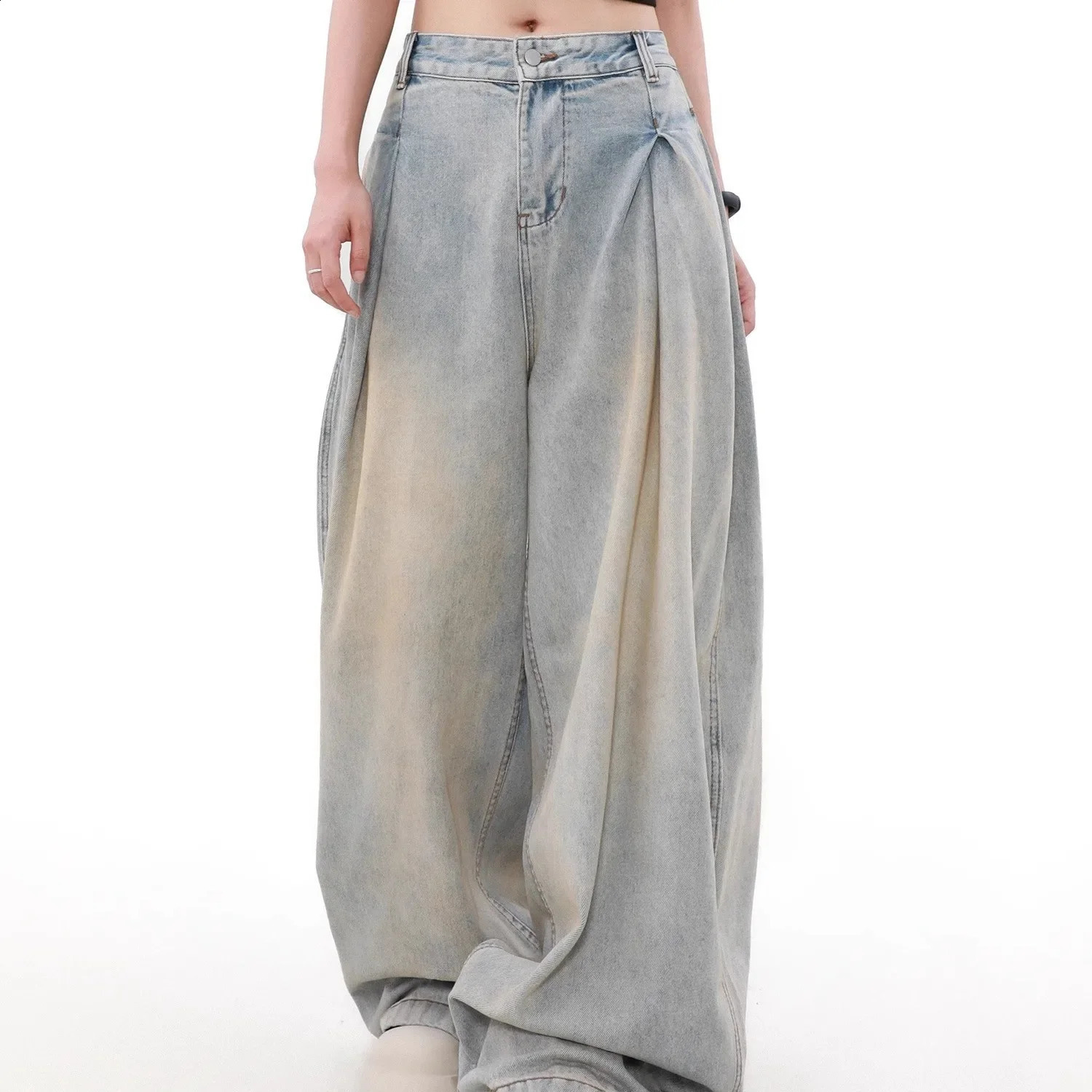 n sense American washed straight leg denim jeans foldable loose fit lazy style couple pants floor length long 250319
