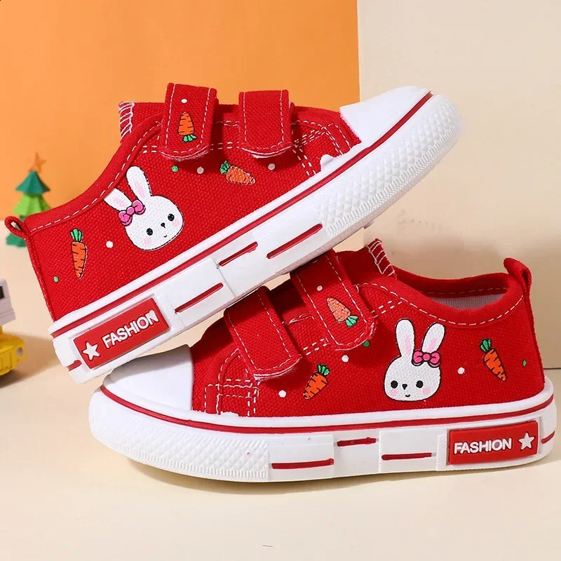 Children Fashion Canvas Sneakers Kids Adorable Rabbit Cartoon Prints Board Shoes Hook and Loop Flat Sole Non Slip Shoes 250319