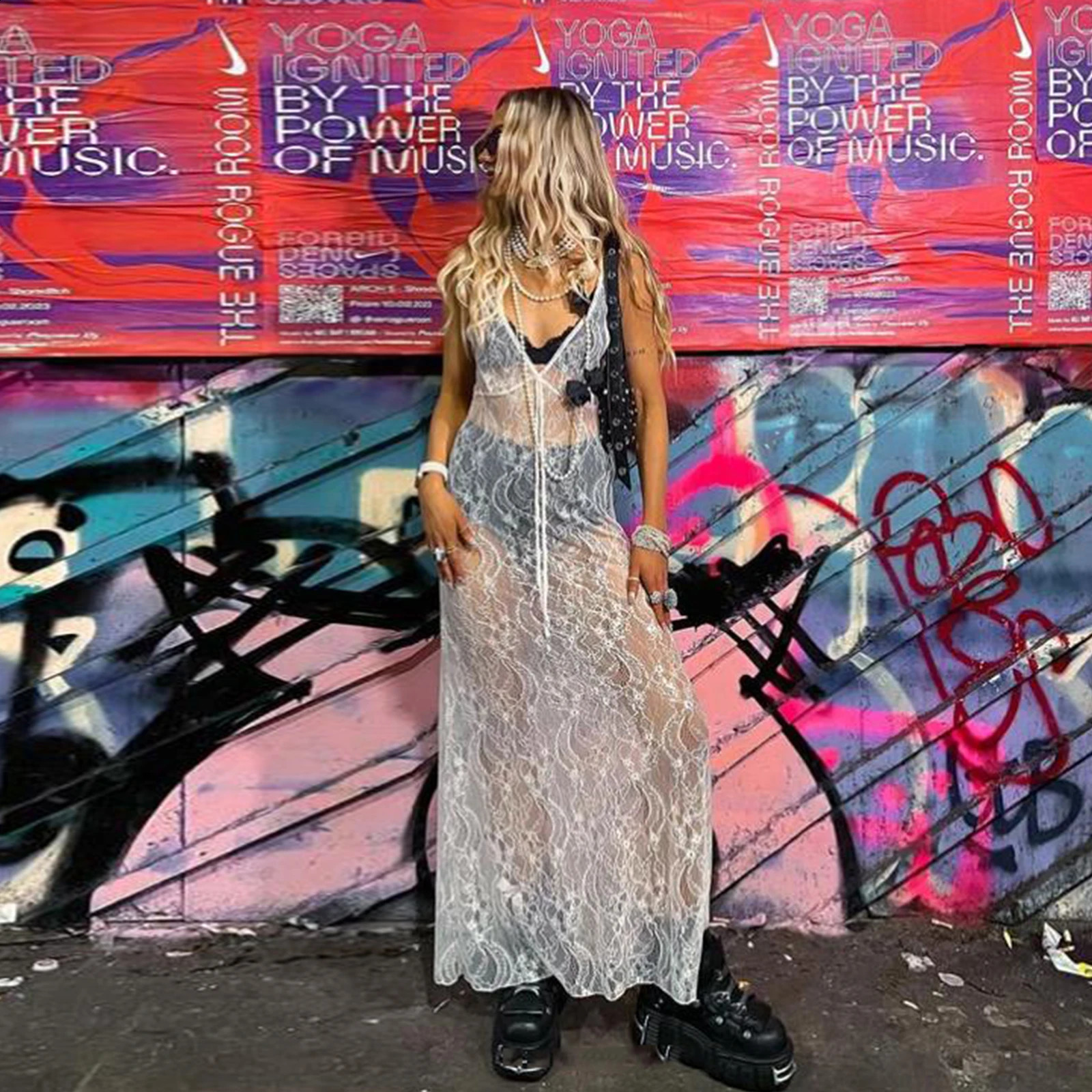 Y2k Sexy Lace Floral See-through Slip Club Night Party Dresses for Women Spring Summer Beach Casual Cover-up Long Dress 250319
