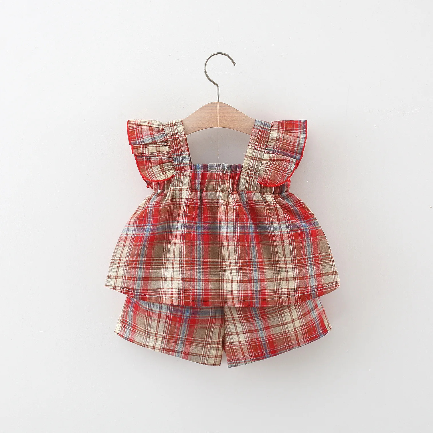 2pieceset summer baby girl twopiece set cute checkered small sleeve top Korean version beach 250319