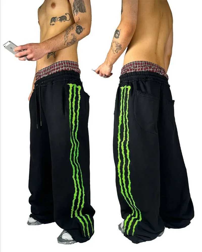 American Street Harajuku Hip-hop Fashion Luminous Extra-large Trousers Striped Print Men Y2k Fashion Loose Cropped Pants WomenT250319