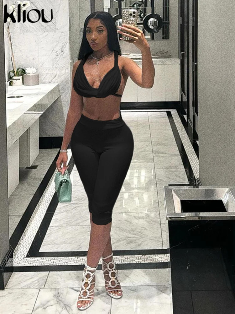 kliou Matching Women 2 Piece Set Concise Halter Bandage Ruched Crop TanksSlim Stretch Shorts Female Sexy Classic Clubwear 250319