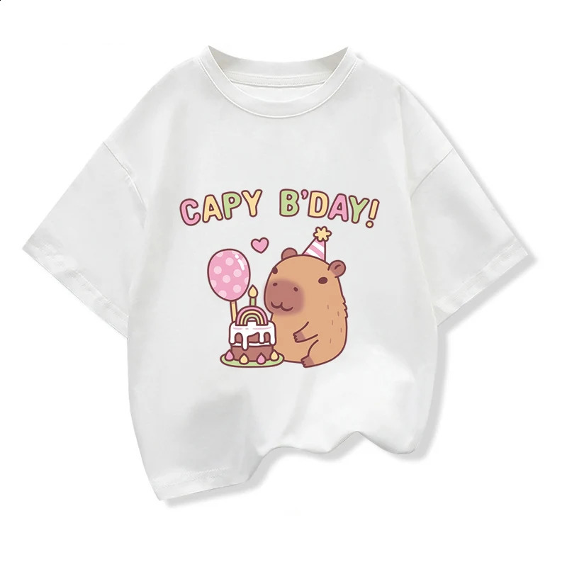 Kids Loose Clothes Short Sleeve T-shirt 2025 Boys Girls Cotton O-neck Tops Tee Summer Children Clothes Cute Capybara Printed 250319