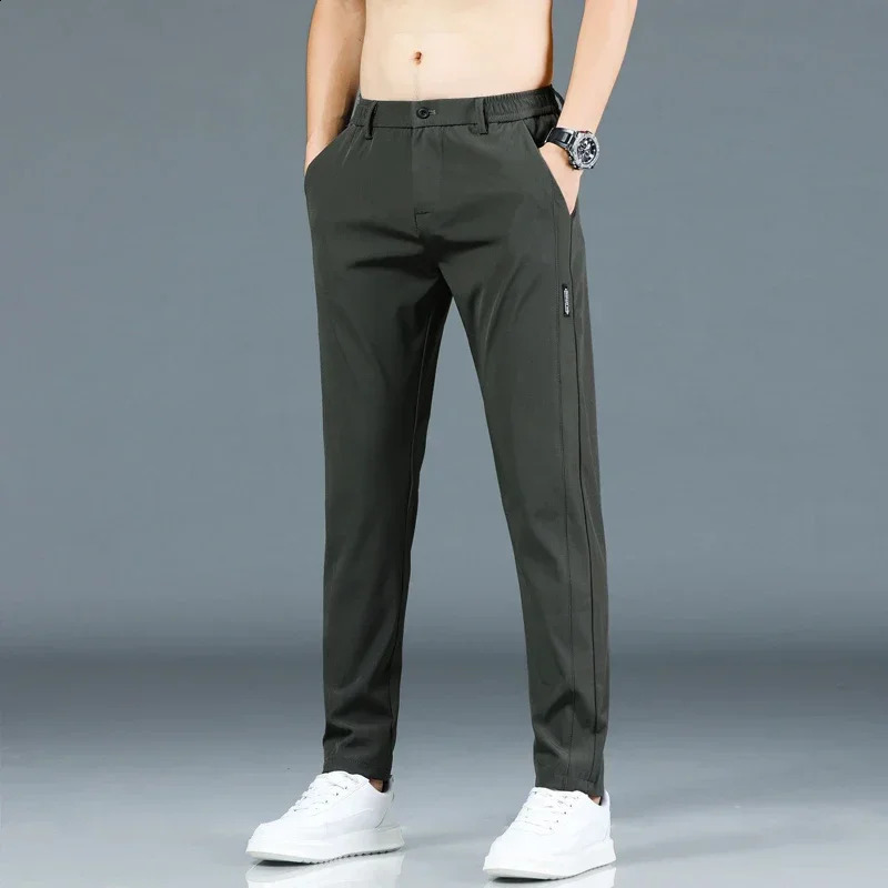 2024 Summer Thin Ice Silk Stretch Mens Pants Casual Elastic Waist Smooth Trouser Pants Male Clothing 5 Colour 250317