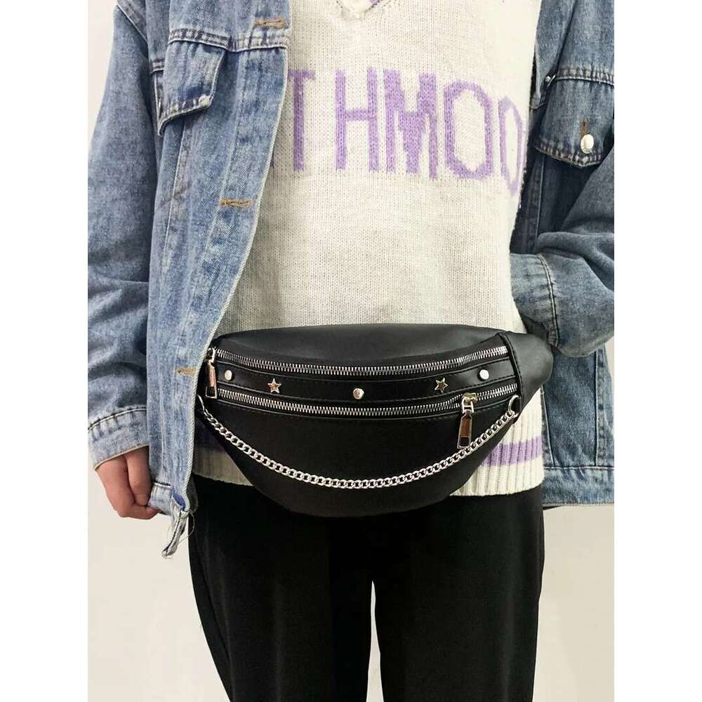 body for Cross women 2025 new PU waist punk chain rivet chest bag, fashionable and trendy women's bag , 's