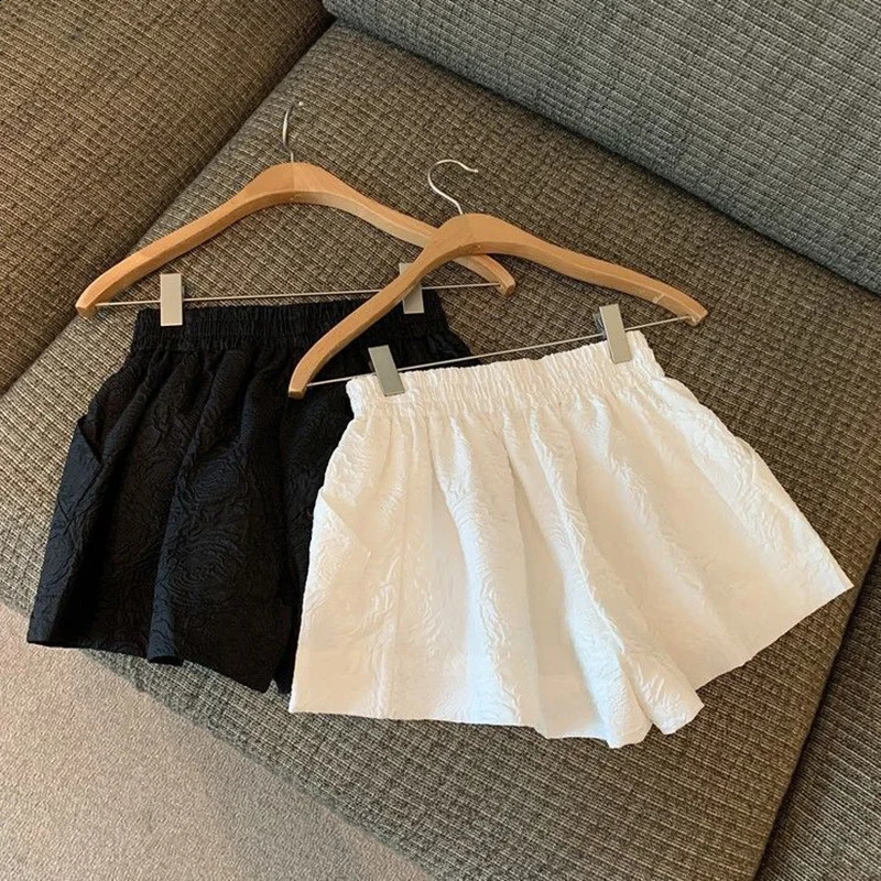 Womens Casual Wide Leg Shorts Vintage Black White Jacquard Shorts Female Korean Chic Elastic High Waist Streetwear Short Pants 250319