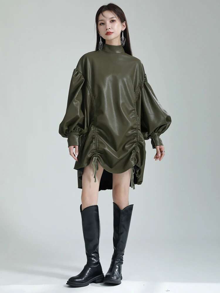 Women Green Pu Leather Drawstring Big Size T-Shirt New Turtleneck Long Sleeve Fashion Tide Spring Autumn 2025 1Dh1358