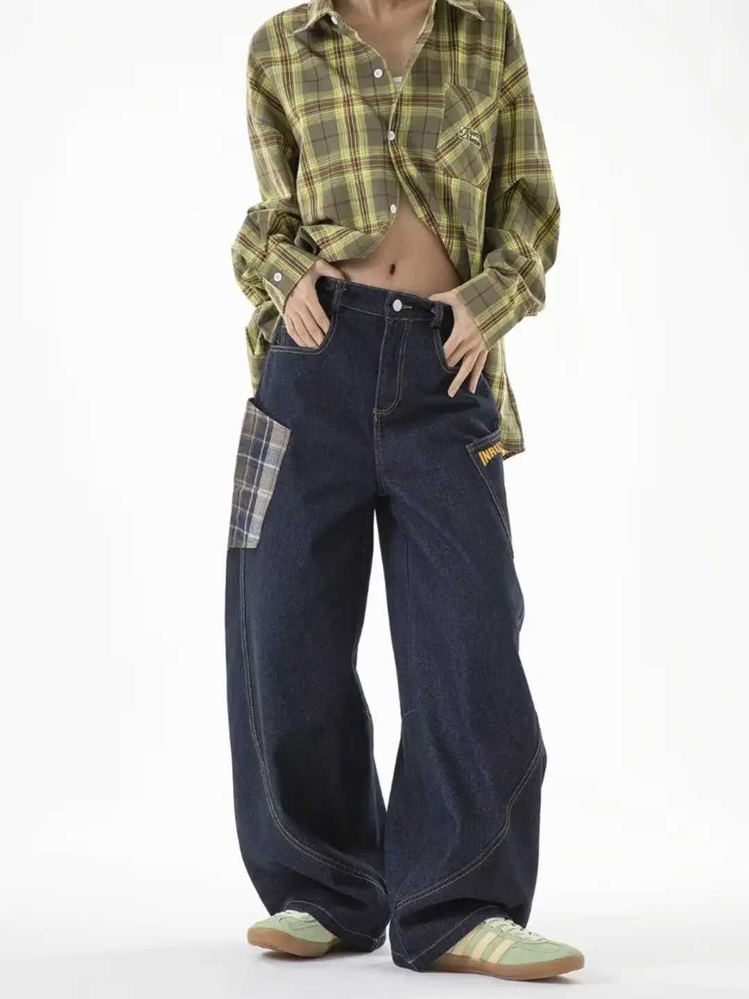 New American Style Splicing Plaid Washed Cargo Pants Women Retro Wide Leg High Waisted Baggy Jeans Women Hip Hop Denim PantsT250319