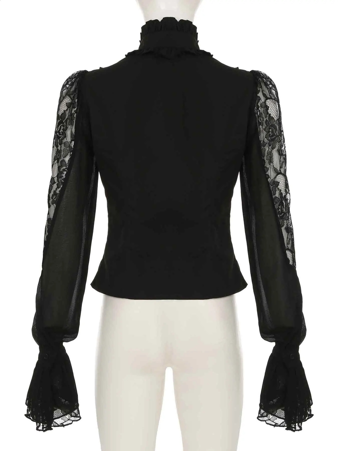 IAMSURE retro dark patch work lace shirt Gothic See Through Turtleneck long sleeved womens springsummer streetwear 250318