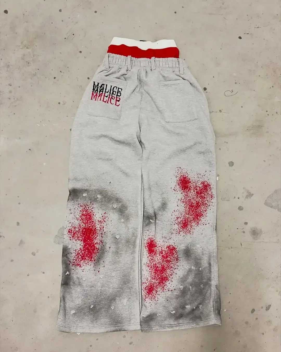 Y2K New Retro Double Waist Pants Street Fashion Red Stain Design Pants Men Hip hop Gothic Harajuku Loose Drawstring Sweatpants X250319