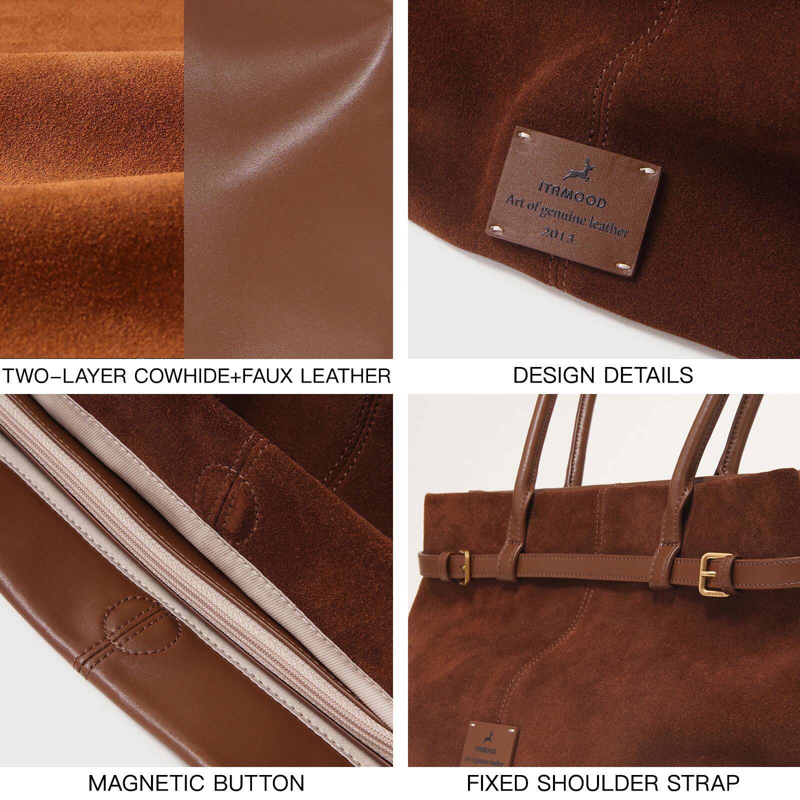 ITAMOOD Large Capacity Vintage Leather Briefcase Urious Original Design Tote Bag Maillard Brown Fashionable Handbag
