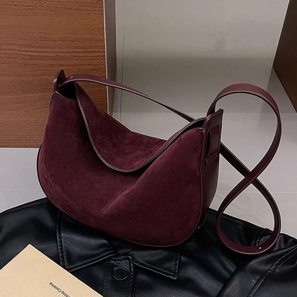 Women Suede Shoulder Solid Underarm Magnetic Closure Crescent Retro Hobo Bag For Work Travel Shopping