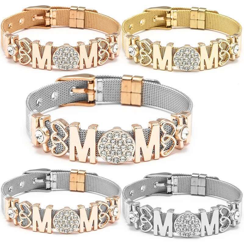 Stainless Steel Crystal MOM Heart To Heart Bracelets With Keeper Bracelets Bangles For Women Men Mother Fashion Jewelry Gift