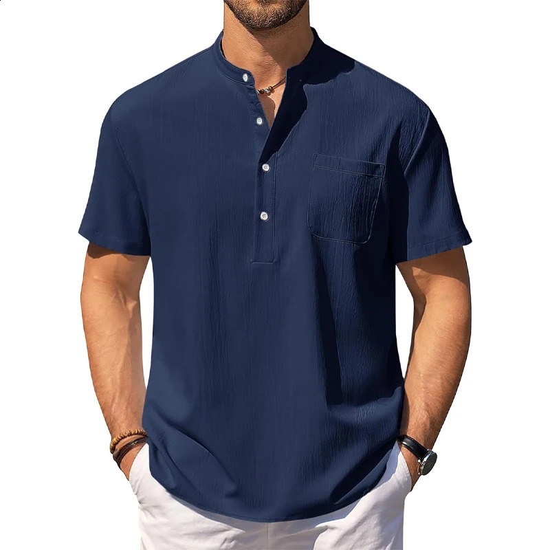 Summer mens short sleeved Henry casual shirt lightweight beach collar pocket Tshirt 250319