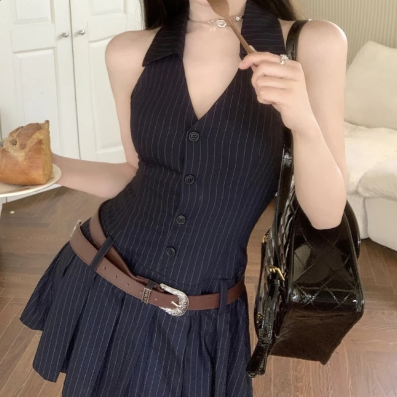 HOUZHOU Striped Mini Women Pleated Dresses Sexy Backless Chic One Piece Short Dress Sleeveless Streetwear Y2k sweet Dress 250319