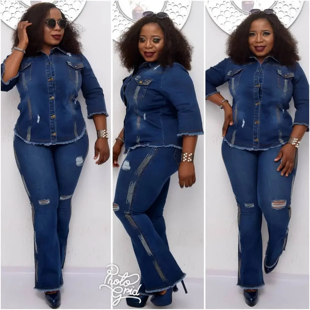 Two piece womens denim suit jeans jacket single chest revolving door collar sparkling pants womens clothing casual ensemble 250314