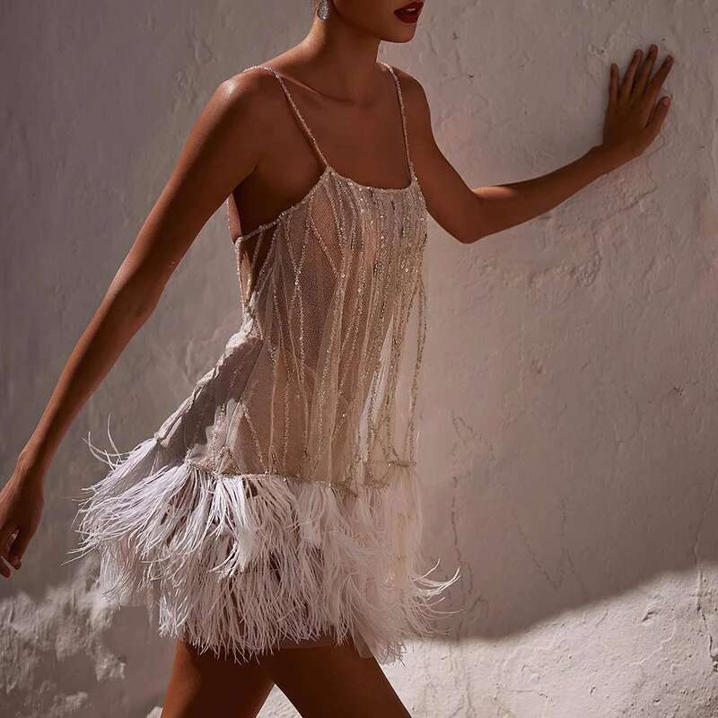 Elegant Mesh Sequin Slim Mini Fashion Club Party Tassel Backless Ladies Sexy Off Shoulder Suspender Dress Mujer