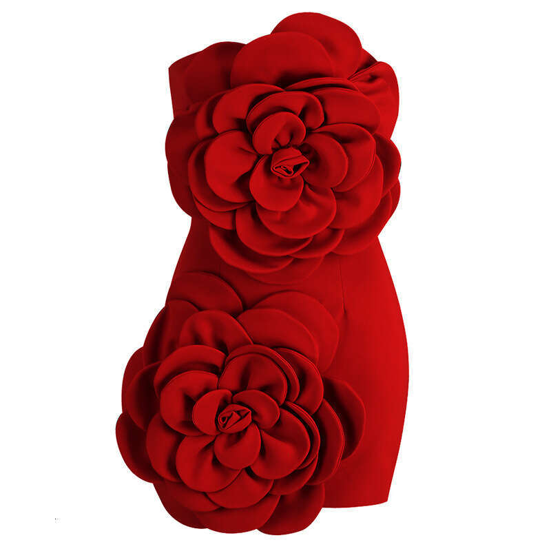 New Style Sexy Red Strapless Dress, Niche Temperament, High-End Decoration, Three-Dimensional Flower Dress