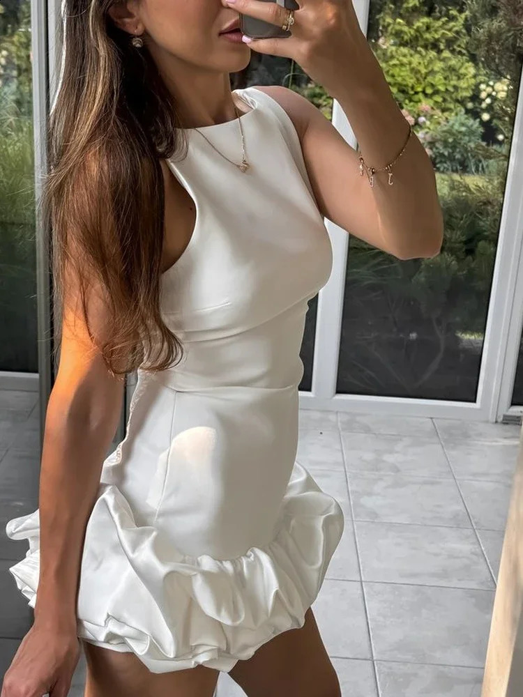 Chic Y2K Sleeveless Backless Mini Dress For Women Elegant Ruffled Hem Folds Short Sundress Holiday Lady Evening Party Vestidos 250319