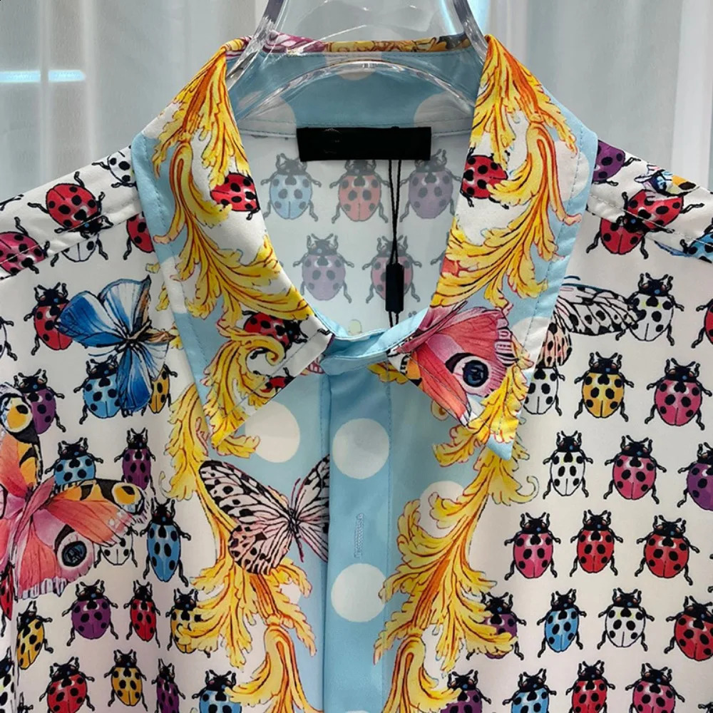 Spring and summer mens casual fashion seven star ladybug print trendy long sleeved floral loose top 250317
