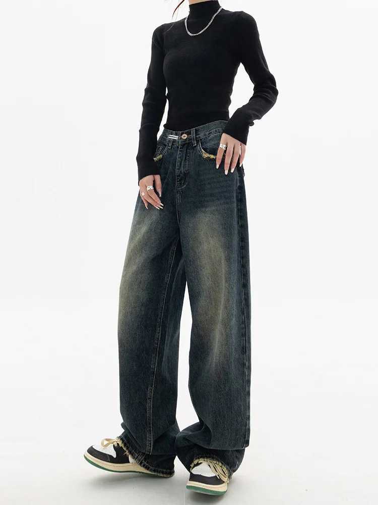 Spring and autumn wide leg jeans for women high waisted jeans for women denim jeans for women Harajuku retro BF style loose fitting womens streetwearT