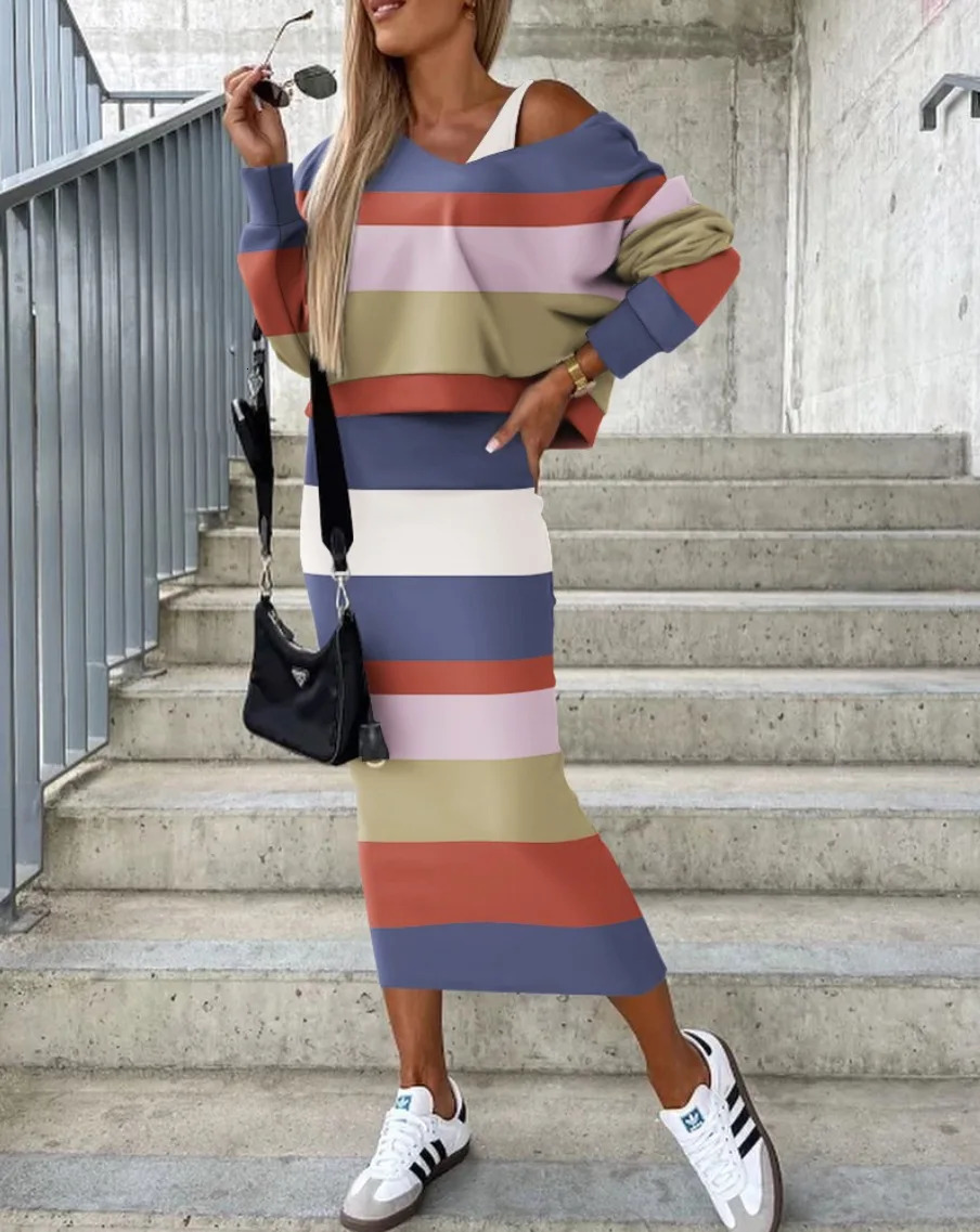 Womens Autumn and Winter Fashion Temperament Elegant Bat Sleeve Sweater Long Dress Wrapped Hip Set Skirt Womens Clothing 250318