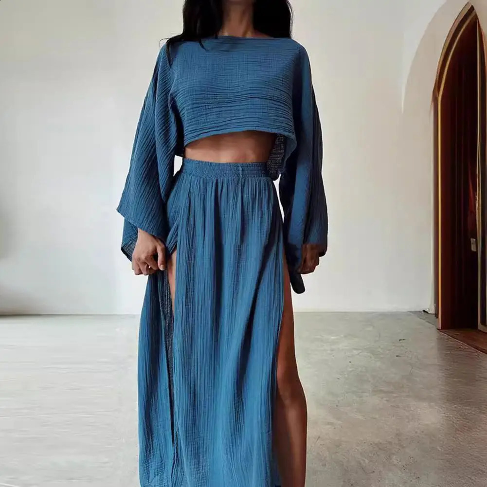 2 PcsSet Women Crop Top Skirt Set Long Sleeve Short Top High Waist Split Skirt Beach Bikini Coverup Lady Party Top Skirts Set 250319
