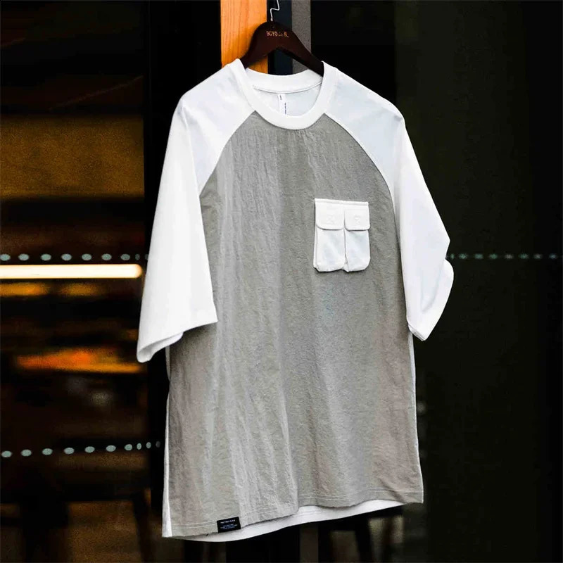 American retro pocket patch mens summer casual cotton short sleeved round neck Tshirt Y2K streetwear 250318