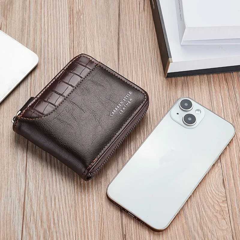 Leather mens wallet mens wallet mens zipper card holder with coin pocket Rfid wallet mens money bag gift 250318