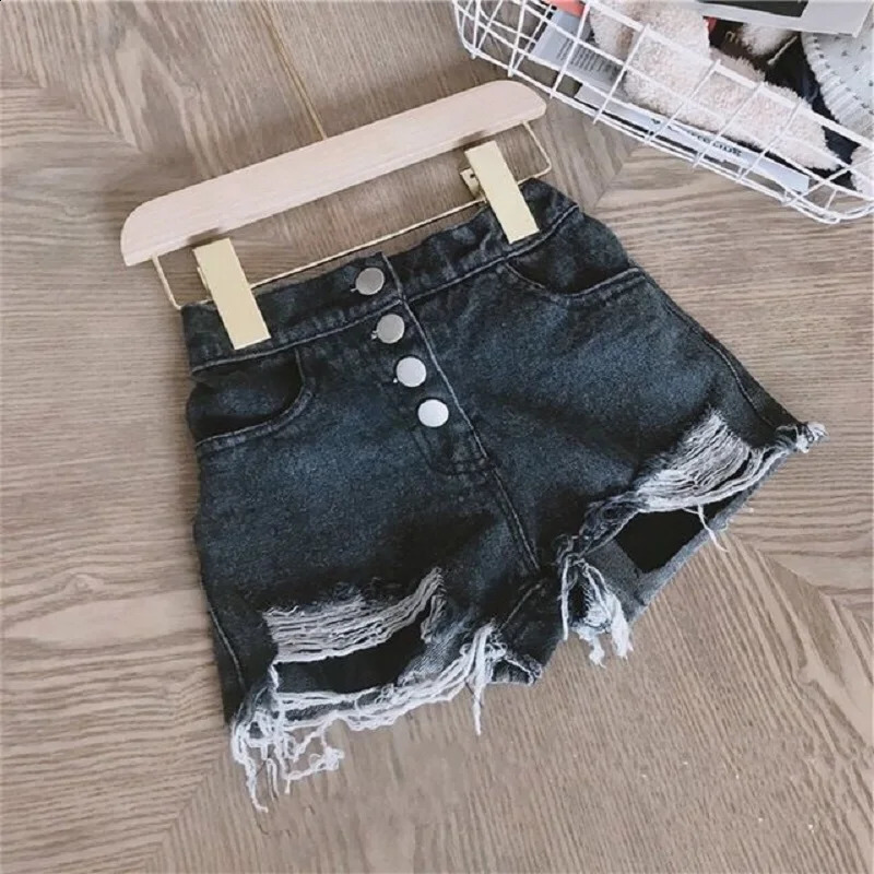 Fashion Baby Girl Casual Jean Shorts Ripped Holes Toddler Teen Child Cotton Scanties Trousers Button Summer Baby Clothes 1-14Y 250319