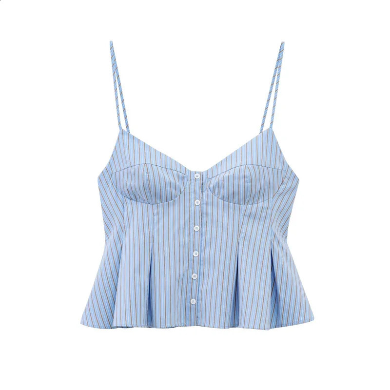 Fashion Womens Camisole Tops Summer Causal Sleeveless Striped Strap Shirts High Street Ladies Folds Hem Tops 250314