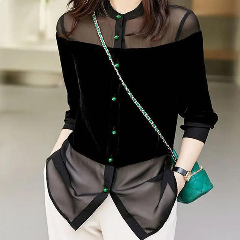 Elegant and fashionable Harajuku ultrathin fit fully matched Blusa decal solid button long sleeved top for womens standing collar clothing 250318