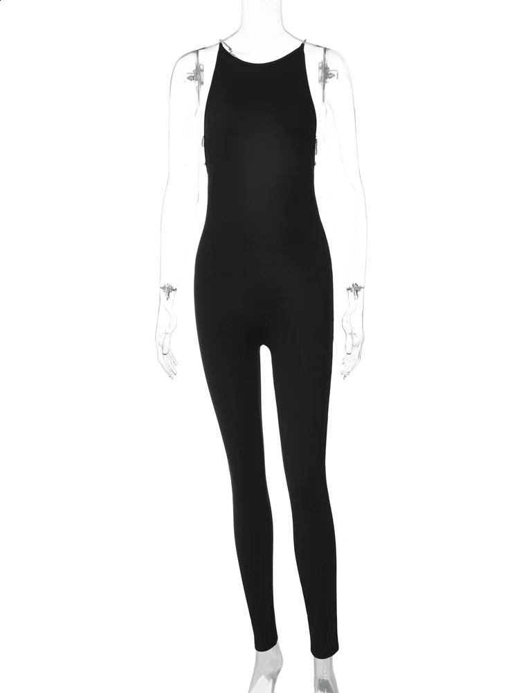 Hugcitar Women Fashion Black Sleeveless Backless Chains Sexy Bodycon Jumpsuit spring Party Festival Y2K Romper Overalls 250319