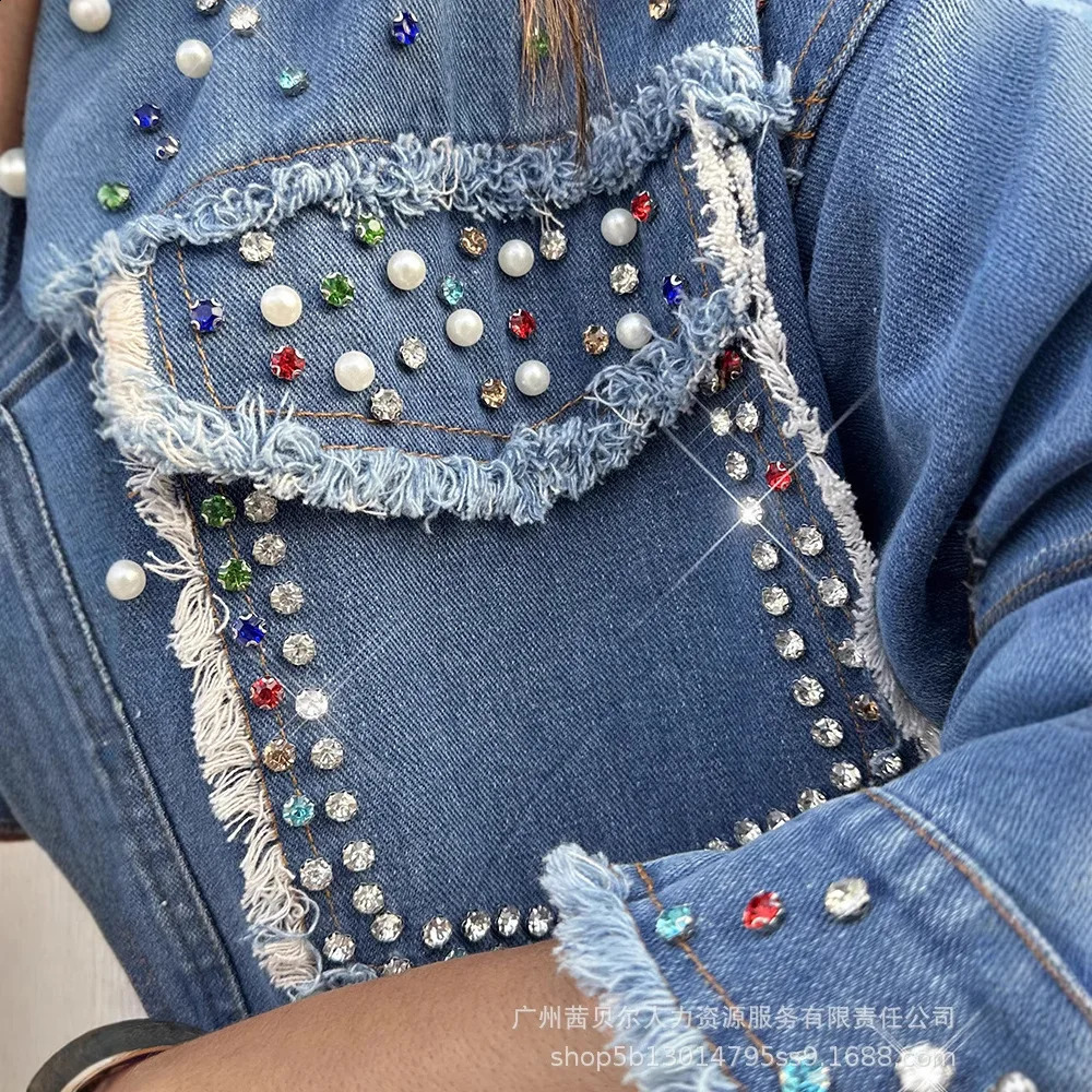 Colorful denim jacket womens Y2k streetwear front button fringe shirt pocket jeans elegant work 250319