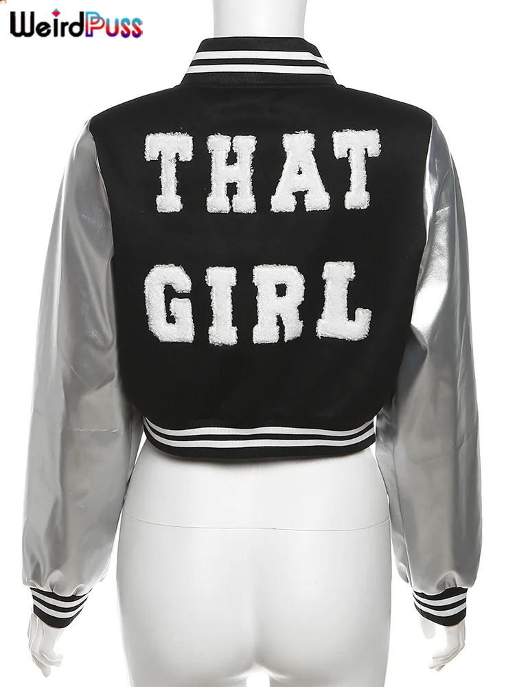 Weird Puss Fluffy Letter Short Jacket Varsity Women Hipster Leather Sleeve Patchwork Y2K Baseball Casual Wild Streetcoat Outwear 250317