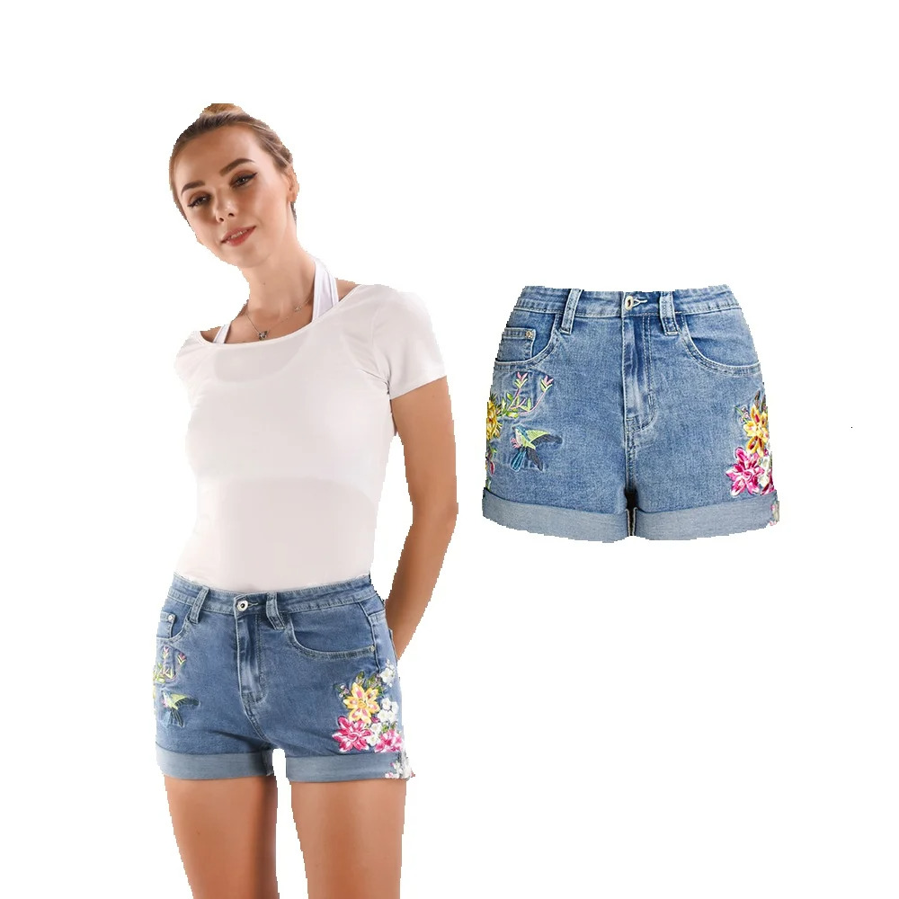 Women's Wide Leg Elastic Super Large 3D Heavy-duty Embroidered Flower Denim Shorts Fashionable And Sexy Hot Pants Women's Shorts
