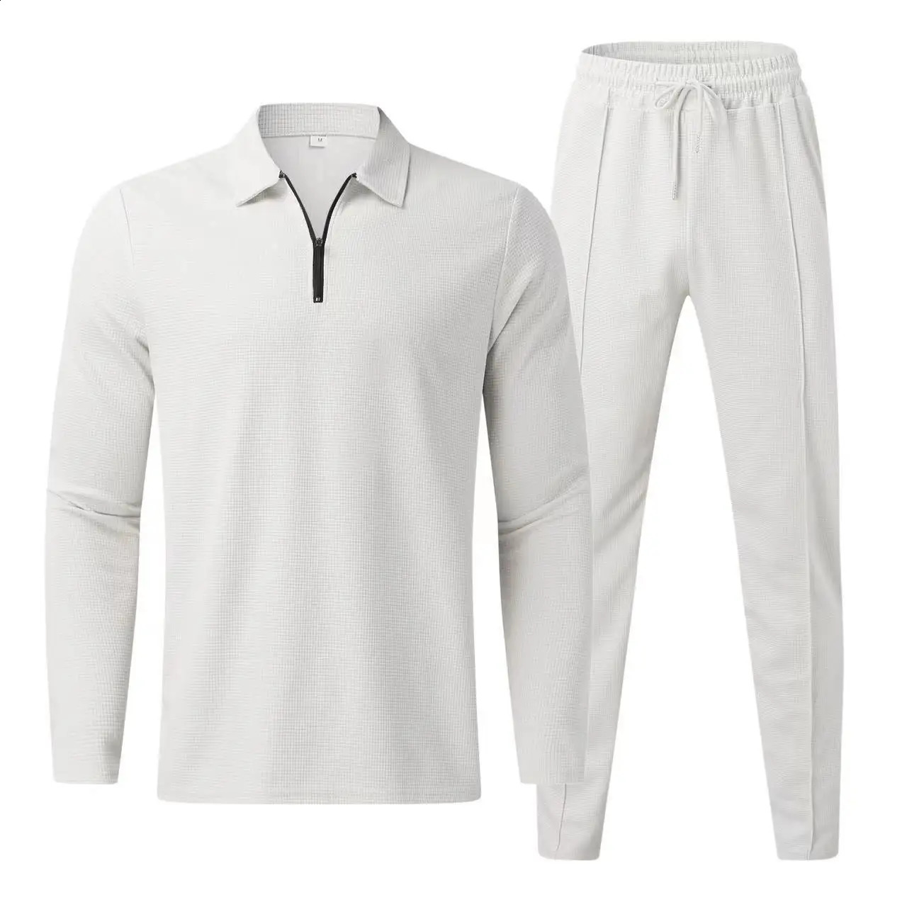 SpringAutumn Mens Waffle Solid Color Zipper Top Casual Handsome Sports Long Sleeve Pants Two Piece Fashion Set 250319