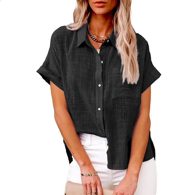 Summer womens plain linen pocket shirt casual short sleeved OL sports loose top LRFZ-6022 250318