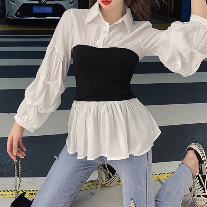 Spring Elegant Patchwork Waist Slimming Lantern Sleeve Splicing Twopiece Shirt Blouse OL Lapel Allmatch Top 250319