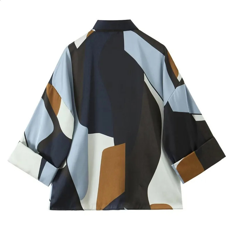 ZBZA Womens Satin Printed Flip Collar Long Sleeve Hidden Single Chest Top SpringSummer Casual Slimming Unique Shirt 250319