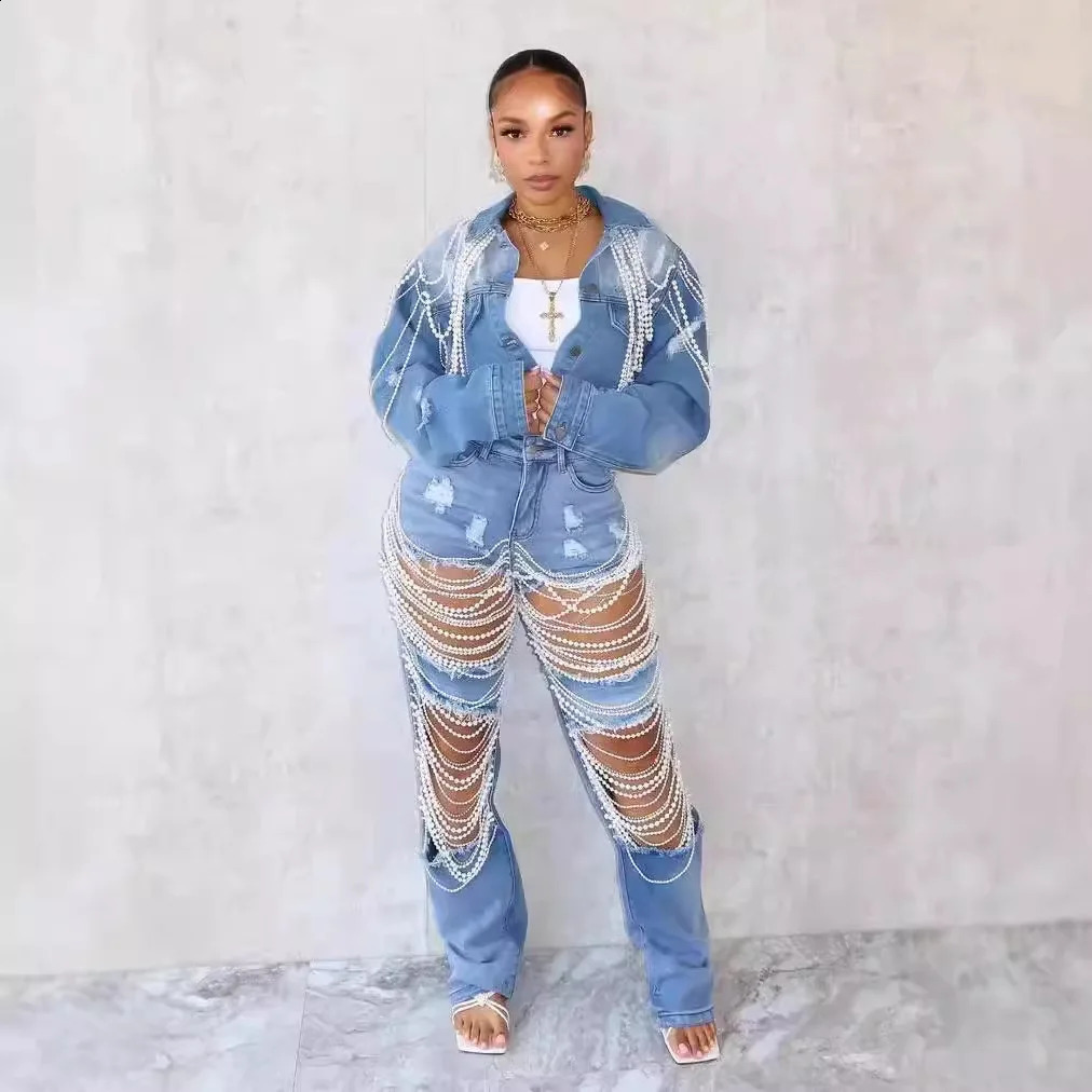 Womens Denim Coats Single Breasted Short Coat Casual Pearl Turn Down Collar Y2k Streetwear Jackets Punk Splice Jacket Elegant 250319