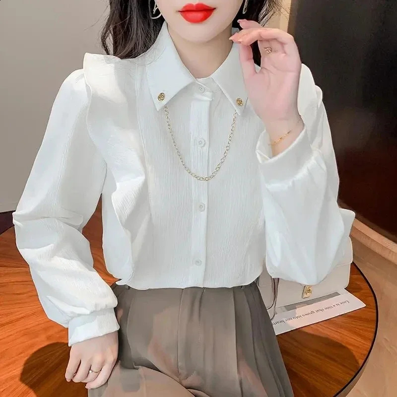 Elegant French office womens chic shirt summer trend metal chain pleated long sleeved solid full matching and 250318