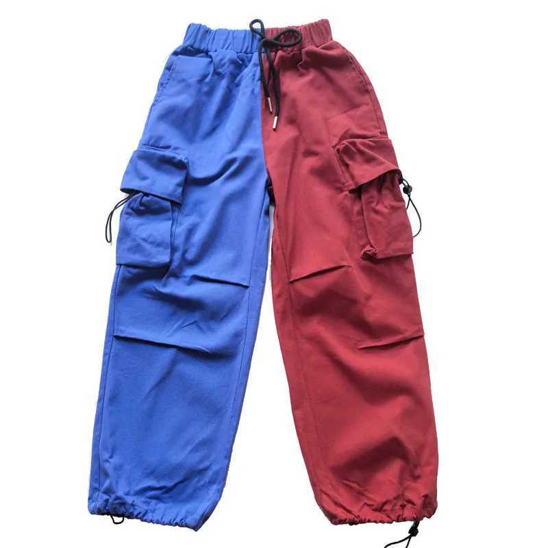 New Fashion Girls Childrens Red and Blue Spliced Colorful Product Pants with Pockets Elastic Waist Childrens Spring Hip Hop Loose Street ClothingT2503