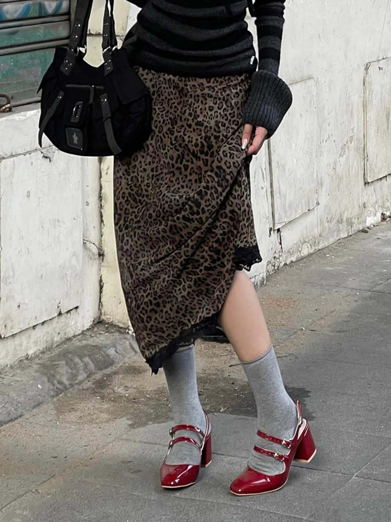 Rockmore Gothic Leopard Print Patchwork Lace Long Skirts Vintage Streetwear Y2K Straight Skirts Lady Harajuku Fashion Aesthetic 250319