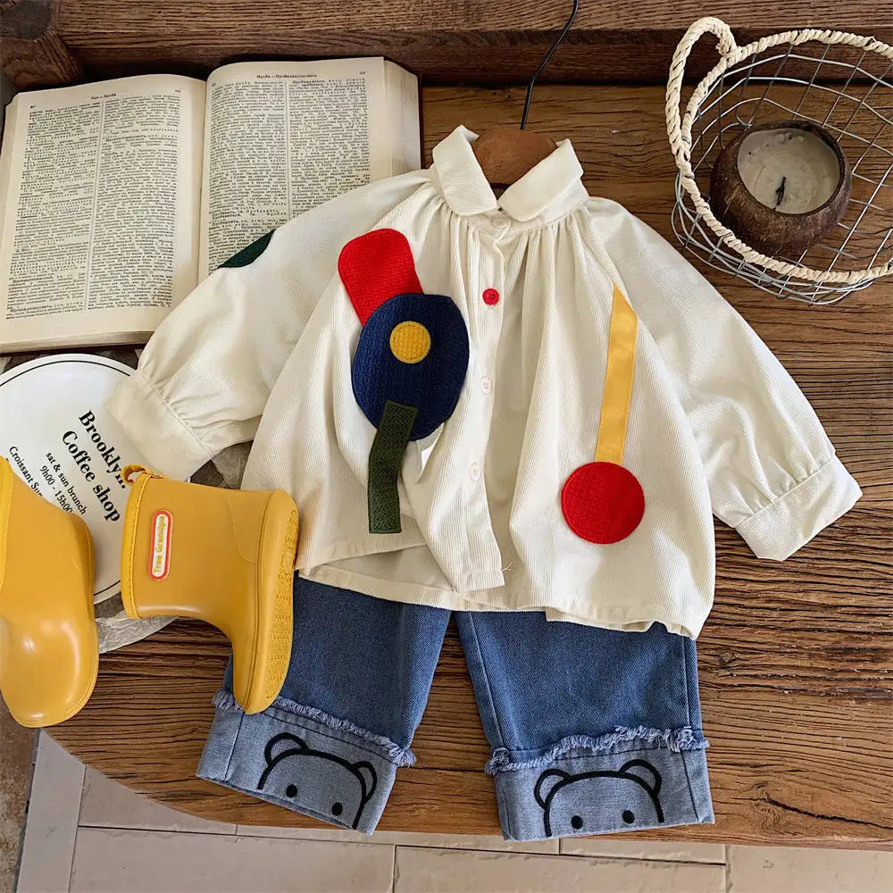 Ins Autumn Childrens Girls Shirt Cotton Western Ruffle Patch Princess Long Sleeve Baby Top 250319