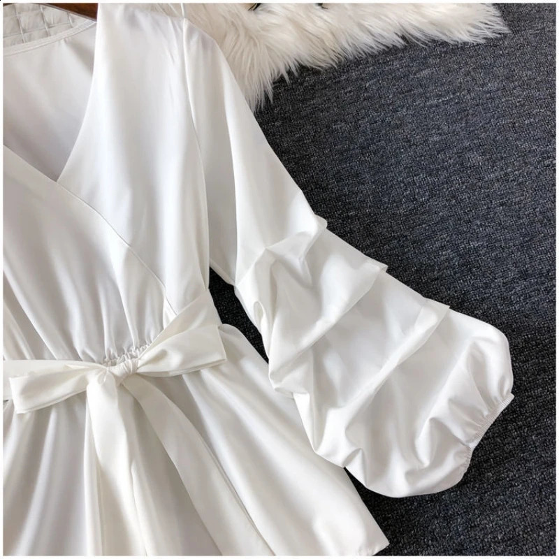 Womens Spring Lantern Sleeve Abdominal Top Warm Waist Office Exposed Collar Chiffon Shirt 250319